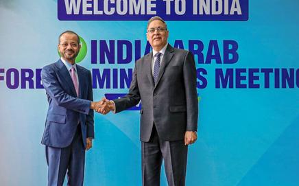 Oman's Foreign Minister Albusaidi, left, being welcomed upon his arrival to attend the 2nd India-Arab Foreign Ministers' Meeting, in New Delhi. PICS/PTI